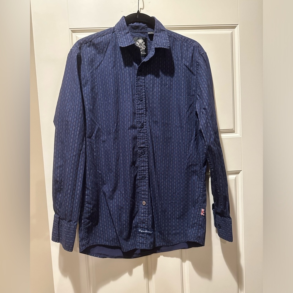 English Laundry Button Up‎ Shirt Mens Navy Diamond Pattern 100% Cotton Medium